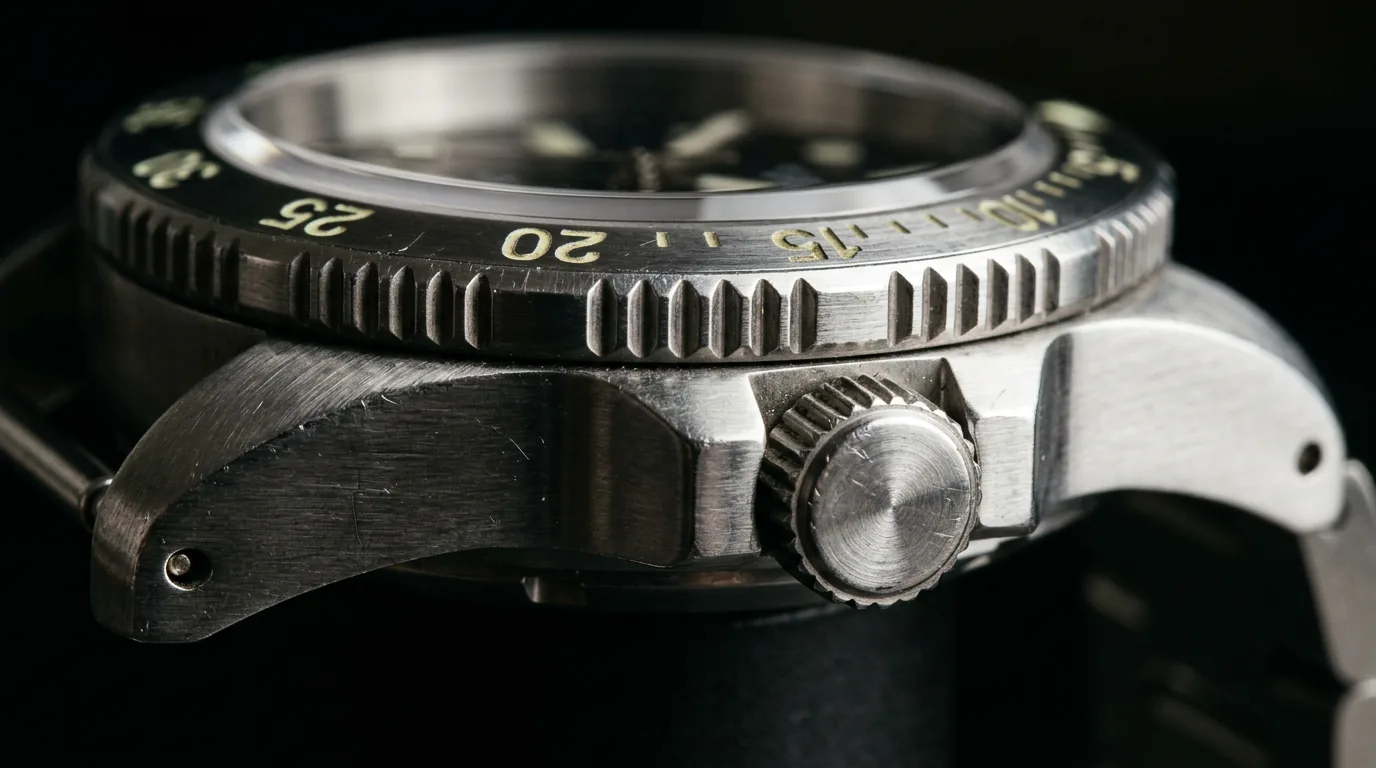 Détail d’une montre de plongée : boîtier et finitions