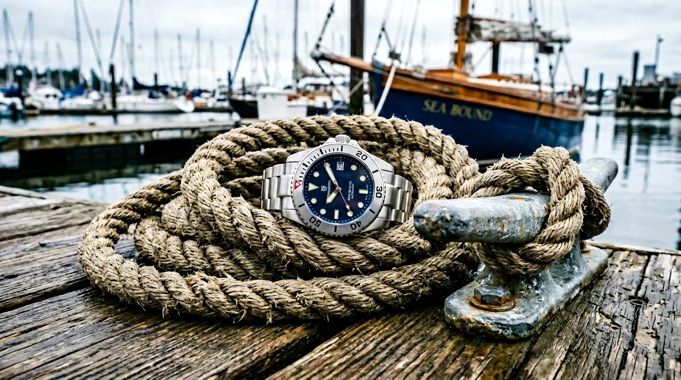Poignet avec montre nautique près d’un cordage